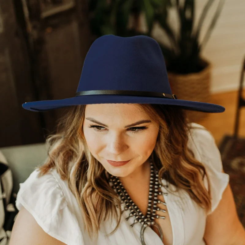 Warm wool felt hat for chilly evenings -Headed West Faux Felt Rancher Hat with Black Band in Navy