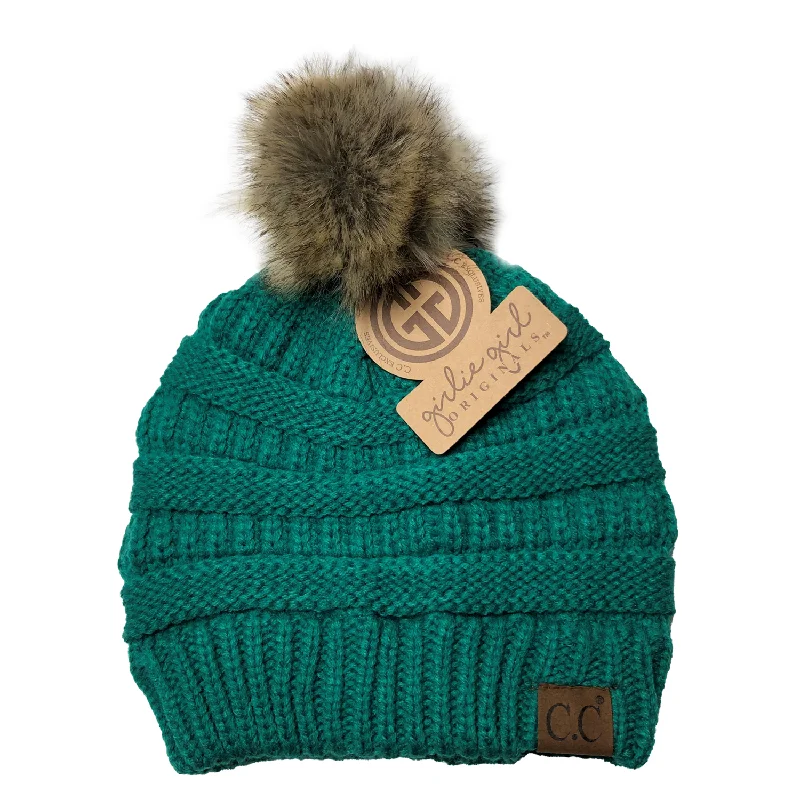 Black snapback cap for sharp modern looks -Hat-43 BEANIE W/FAUX FUR POM - SEAGREEN