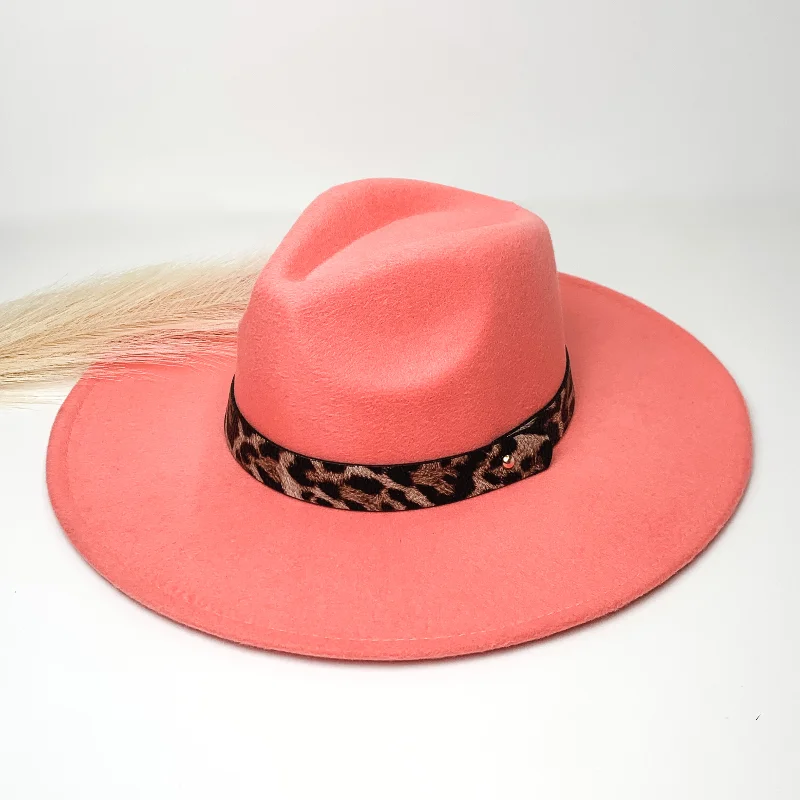 Casual felt hat for laid-back fashion days -Best of Me Rancher Faux Felt Hat with Leopard Print Hat Band in Coral Pink