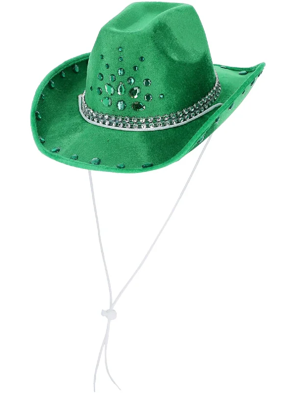 Authentic leather cowboy hats for women with detailed stitching for a stylish edge -Green Rhinestone Cowboy Hat