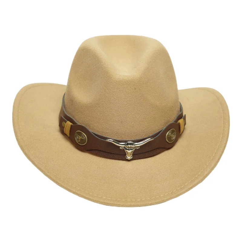 Custom cowboy hats for men with intricate stitching and unique features for personal flair -Chokore cowboy hat with Ox head belt  (Beige)