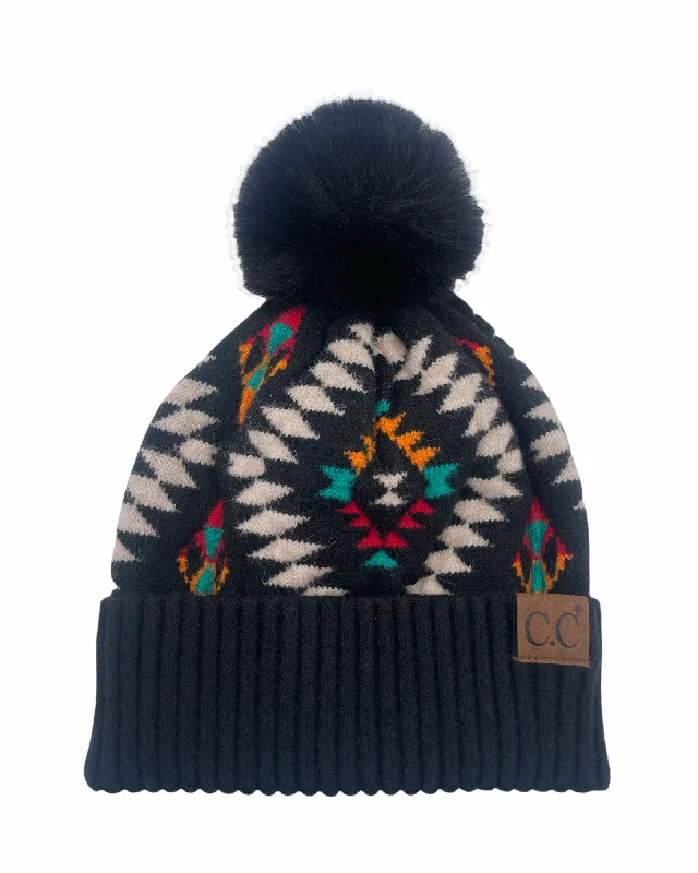 Cotton mesh cap for airy outdoor comfort -Hat-3001 Aztec Beanie w/Faux Fur Pom - Black