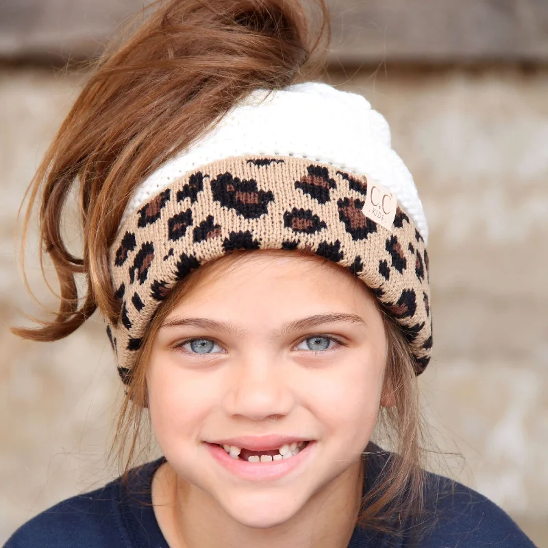 Soft cotton cap for all-day wear ease -MB-45KID-Ivory Leopard Kid Messy Bun