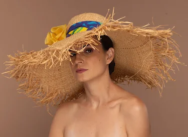 Bold felt hat with striking pattern details -Yellow Tail- Natural straw sun hat with yellow abaca flower