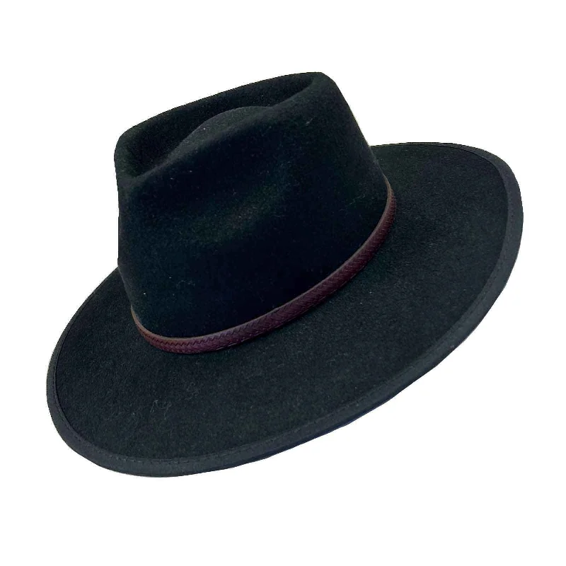 Soft felt hat with plush wool feel -Black Wool Felt Flat Brim Western Cowboy Hat with Faux Leather Band