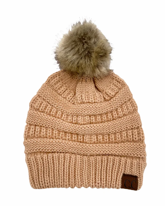 Canvas trucker cap for tough outdoor wear -Hat-43 BEANIE W/FAUX FUR POM - SAND