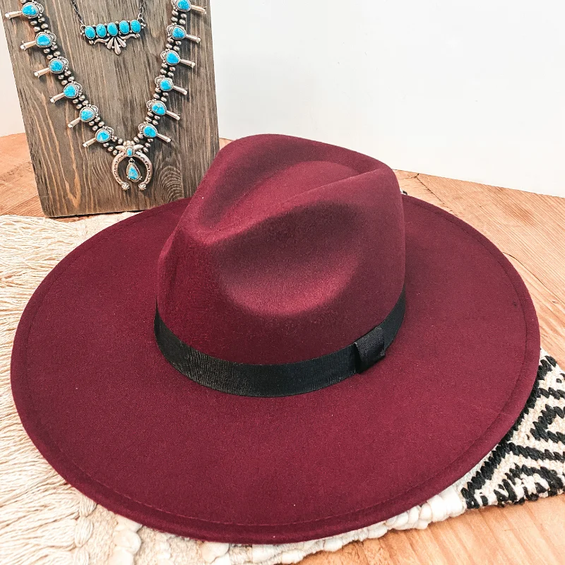 Warm felt hat with thick cozy layers -Gone for the Day Faux Felt Hat with Black Band in Burgundy