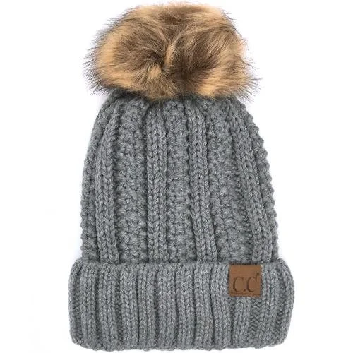 Minimal snapback cap for clean urban style -YJ-820 SHERPA LINED BEANIE W/FAUX FUR POM - LIGHT MEL GREY