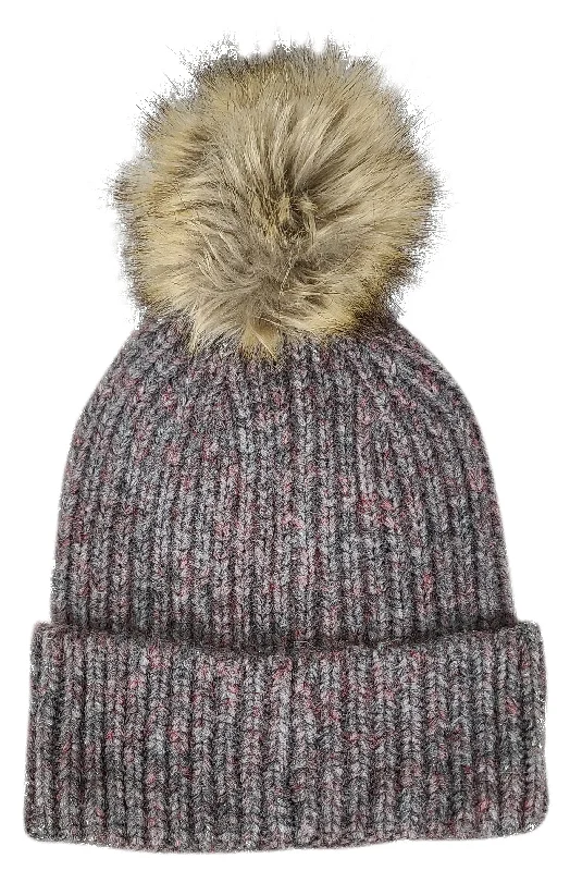 Warm wool cap for cold weather days -Hat-2074 Beanie with Faux Fur Pom Dark Grey Multi