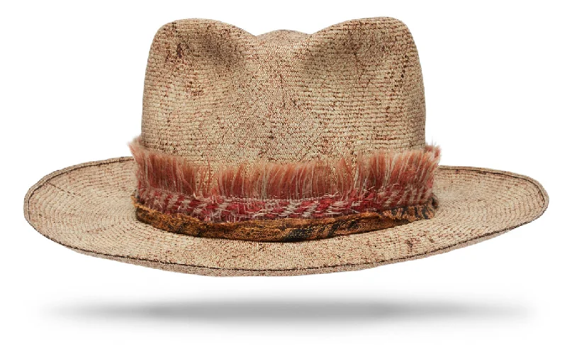 Handwoven straw hat for women with a unique design and artistic craftsmanship -Montecristi Earth Dyed short brim antique band