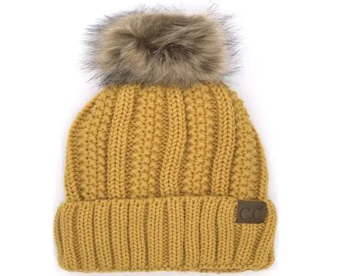 Canvas dad cap for rugged daily style -KIDS-820-MUSTARD SHERPA LINED BEANIE W/FAUX FUR POM - MUSTARD