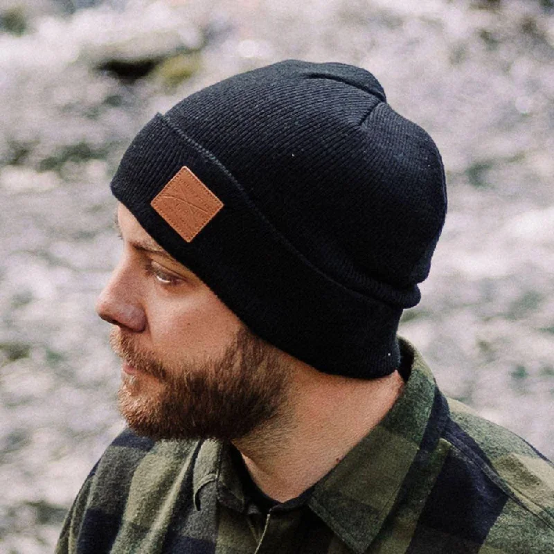 Camouflage cap with adjustable strap back -Leather Patch Cuffed Beanie - Black