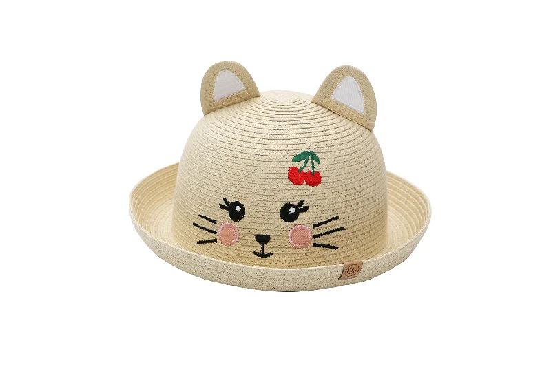 Stylish straw bucket hat for women with casual design and relaxed fit -Kids Straw Hat - Cat