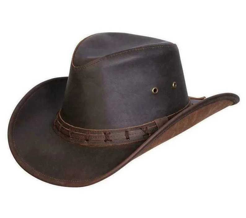 Comfortable cowboy hats for women with adjustable bands for a perfect fit -Men's Leather High Sierra Australian Cowboy Aussie Western Hat- Brown