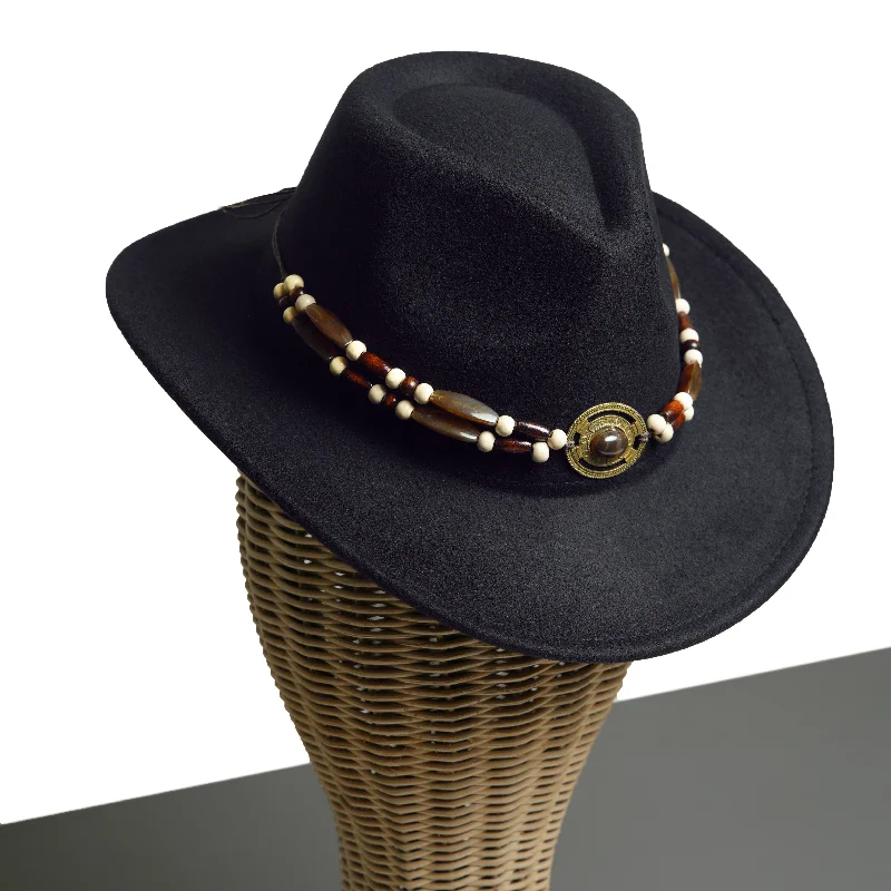 Vintage-inspired straw cowboy hats for men with wide brims and decorative bands -Chokore Tibetan Cowboy Hat (Black)