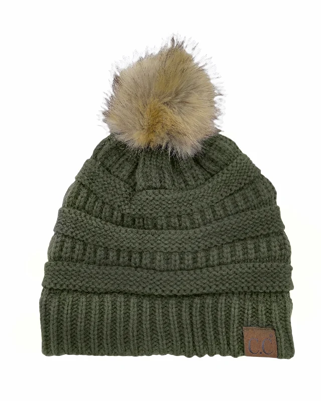 Fitted dad cap for relaxed snug wear -Hat-43 BEANIE W/FAUX FUR POM - MOSS