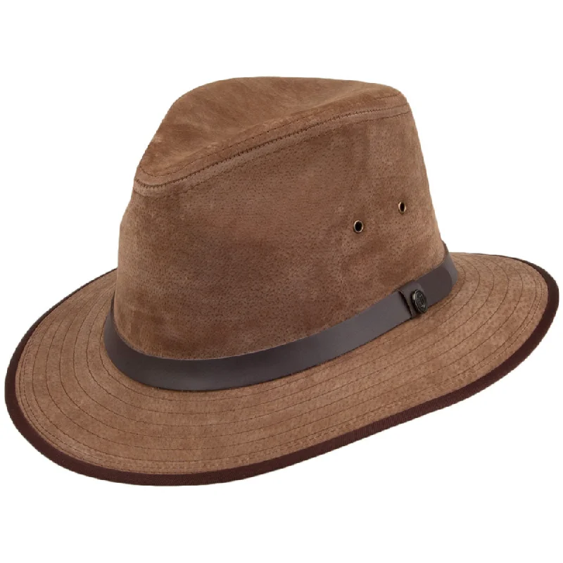 Authentic leather cowboy hats for women with detailed stitching for a stylish edge -Jaxon & James Nubuck Leather Safari Fedora Chestnut Wholesale Pack