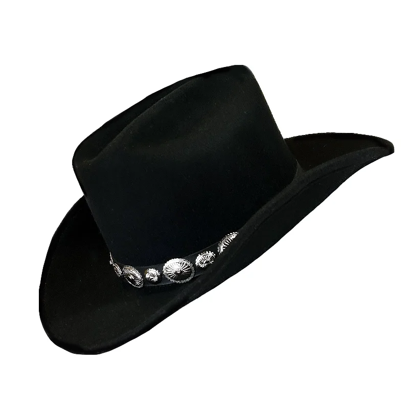 Designer felt hat with intricate stitching patterns -Crushable Black Felt Concho Western Cowboy Hat