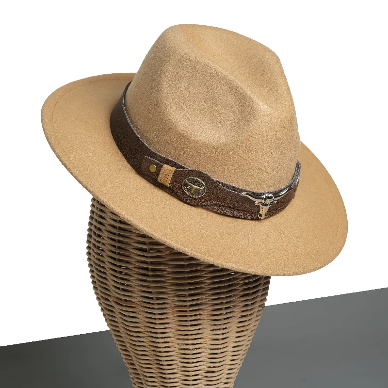 Timeless fedora hats for women with vintage-inspired designs and felt material -Chokore Fedora Hat with Ox head belt  (Light Brown)