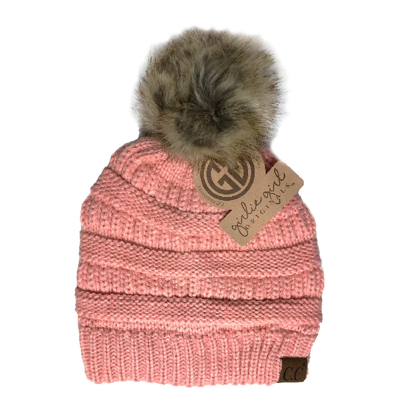 Durable canvas cap for rugged outdoor use -Hat-43 BEANIE W/FAUX FUR POM - PEACH