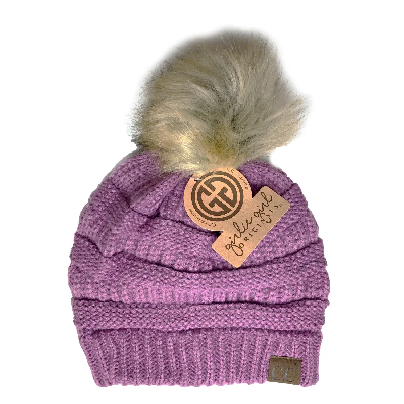 Embroidered logo cap for team spirit Pride -Hat-43 BEANIE W/FAUX FUR POM - NEW LAVENDER