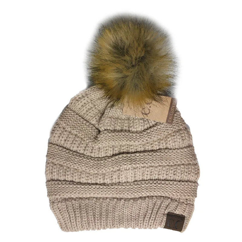 Bright neon cap for bold visibility needs -Hat-43 BEANIE W/FAUX FUR POM - NEW BEIGE