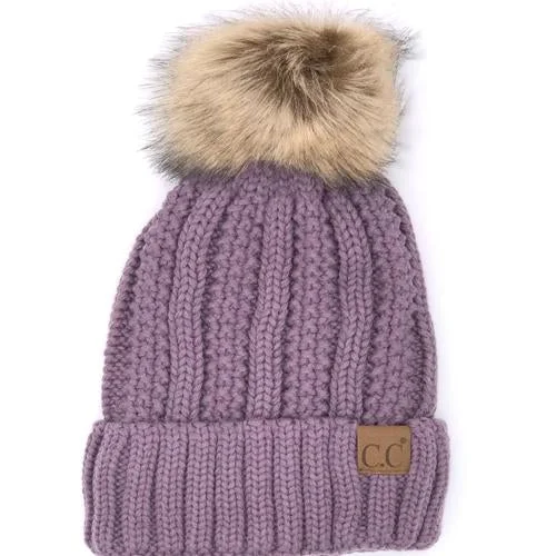 Classic cap with subtle tonal embroidery -YJ-820 SHERPA LINED BEANIE W/FAUX FUR POM - VIOLET