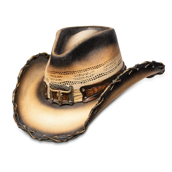 Personalized straw hat for men with custom logo or engraving for a unique gift -Stampede Hats - Tea Stained Long Horn Cowboy Hat