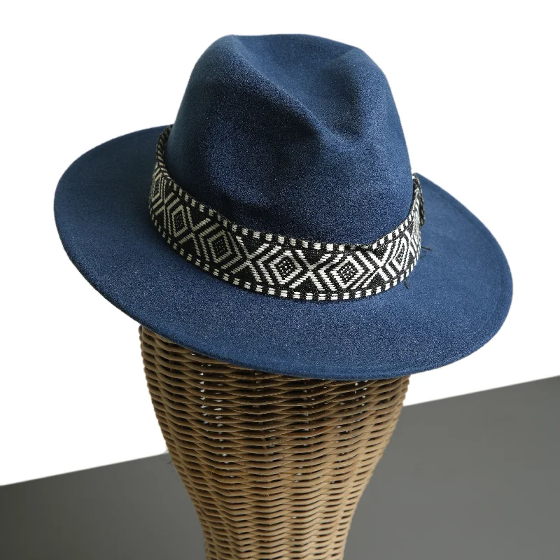 Elegant fedora hats for men with velvet material for a luxurious feel -Chokore Fedora Hat with Zig-Zag Belt (Navy Blue)