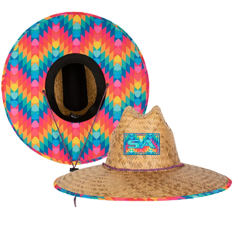 Stylish straw sun hat for women with colorful accents for a fun summer vibe -Palms Under Brim Straw Hat | Aztec Shield