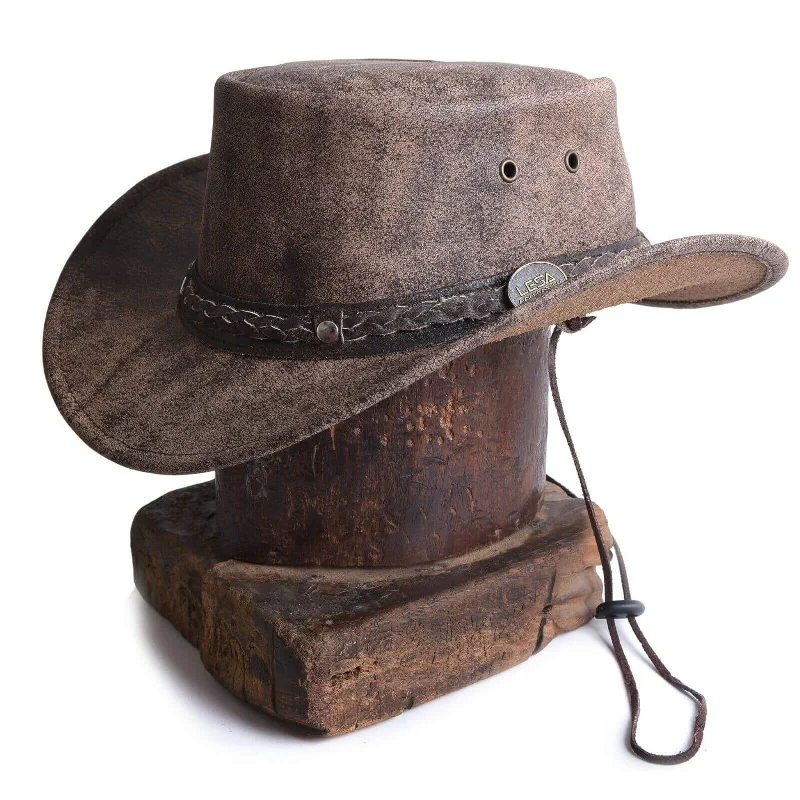 Luxury felt cowboy hats for men with high-quality craftsmanship and smooth texture -Australian Style Brow Leather Distressed Crushable Foldable Outback Classic Hat