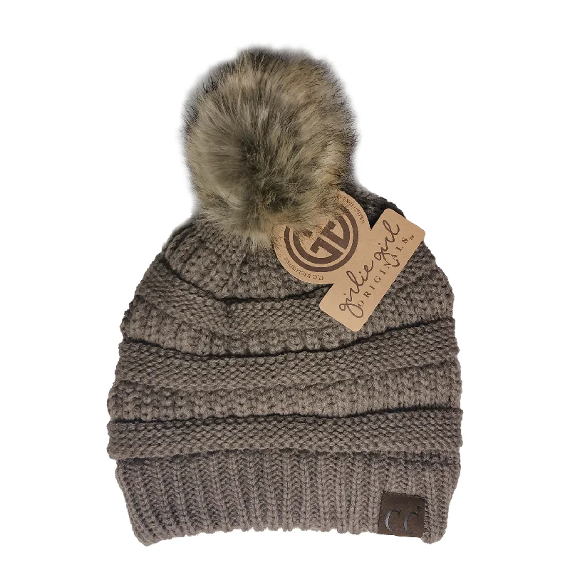 Retro cap with 80s-inspired color blocks -Hat-43 BEANIE W/FAUX FUR POM - TAUPE