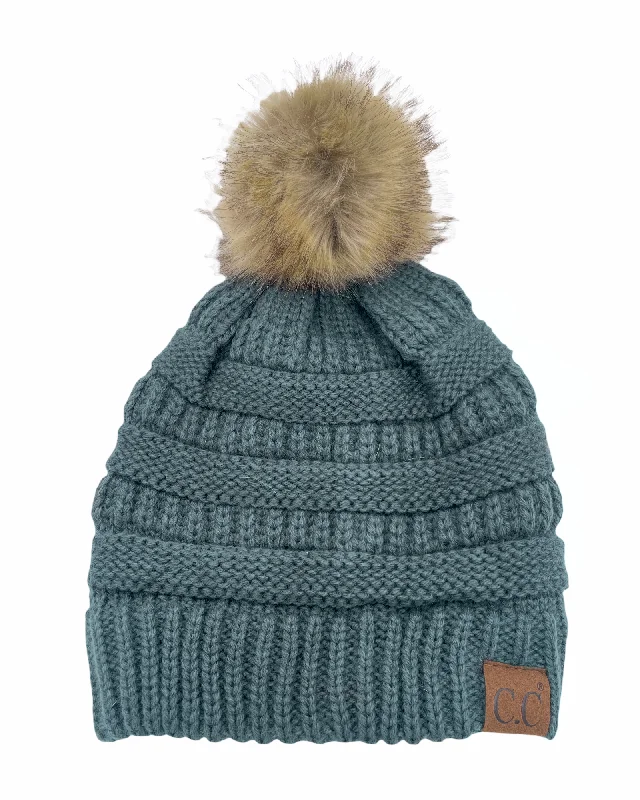 Sports cap with moisture-wicking fabric tech -Hat-43 BEANIE W/FAUX FUR POM - TEAL GREY