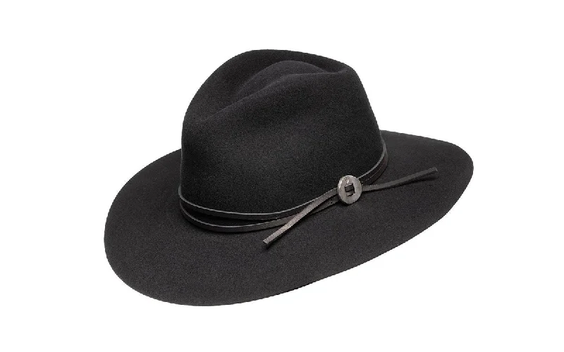 Stylish felt hat with leather trim details -PHOEBE WIDE BRIM WOOL HAT - BLACK